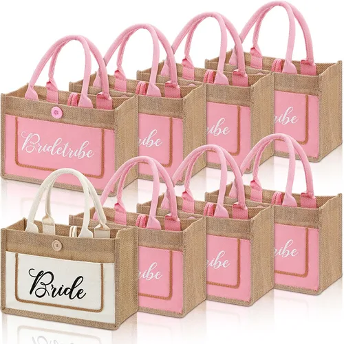 Buryeah Paquete de 8 bolsas de mano para novia, tribu, regalo de boda, bolsa de arpillera nupcial con asas, bolsa de yute nupcial reutilizable para