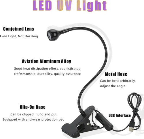 Vista 7 de ASHATA Lámpara, 3W 5V 395nm luz con y abrazadera, luz multi USB para curado de pegamento de uñas, reparación de teléfonos móviles, curado de resina