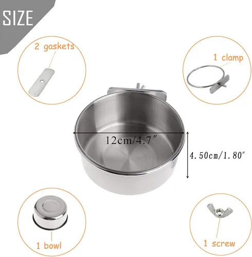 Vista 3 de PINVNBY Tazones de comida de acero inoxidable para pájaros, platos de alimentación de pájaros, cuenco de agua de loro con soporte de abrazadera