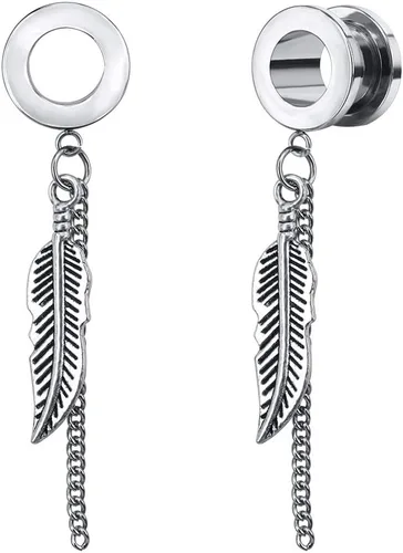 ZS Vintage Moon Dangle Ear Tunnels Plug Stainless Steel Screw Ear Gauge Feather Chain Ear Expander Flesh Tunnels Piercing