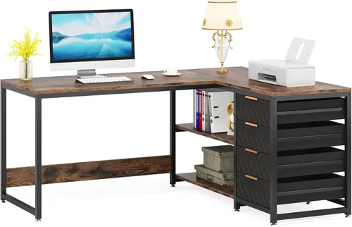Vista 8 de Tribesigns Escritorio para computadora en forma de L con cajones de almacenamiento, escritorio esquinero de 59 pulgadas con estantes, escritorio