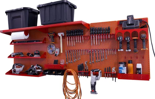 Vista 6 de OmniWall Weekend Warrior Ultimate Tool Kit-96" x 32" Metal Pegboard Sistema de almacenamiento de pared Negro/Negro