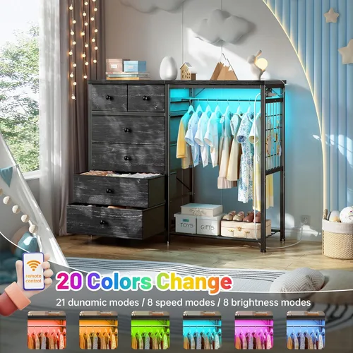 Vista 4 de EnHomee Cómoda de 49.2" de ancho para dormitorio con perchero colgante, 6 cajones, cómoda con luces LED y estación de carga, aparadores de tela