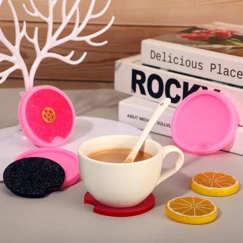 Vista 4 de 8 piezas de silicona resina posavasos molde colgante molde DIY Craft Coaster molde molde redondo bebida Casting molde rosa titular posavasos molde