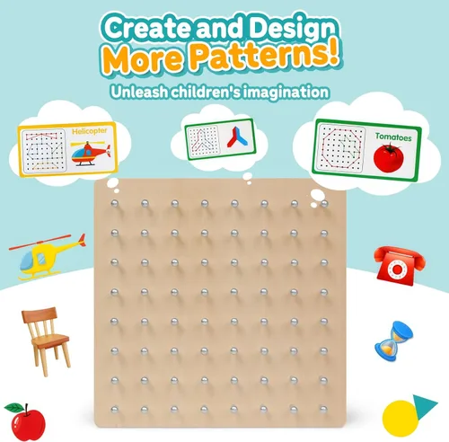 Vista 3 de Skrtuan Tablero geométrico de madera para niños - Juguete educativo Montessori STEM con tarjetas de patrones y bandas de goma, rompecabezas