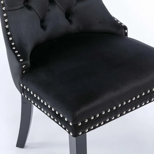 Vista 6 de Silla de comedor tapizada de terciopelo con respaldo copetudo y patas de madera, silla auxiliar moderna decoración de remaches, para comedor