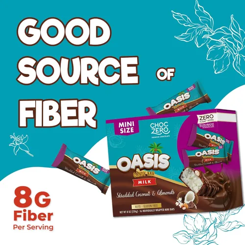 Vista 6 de Barras de caramelo de chocolate con leche, coco y almendra ChocZero, sin azúcar añadida, alto contenido de fibra, sin gluten, barras mini oasis keto