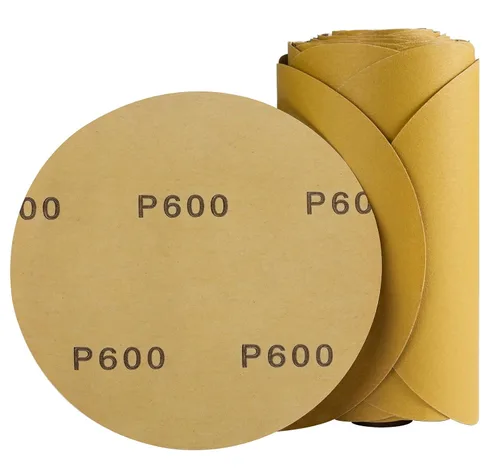 CowboyBOB 100 discos de lija PSA dorados de 6 pulgadas, grano 600, rollo de papel de lija autoadhesivo para lijadora DA para pintura automotriz,