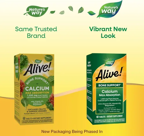 Vista 2 de Nature's Way ¡Alive! Tabletas de apoyo óseo de calcio*, suplemento de calcio de máxima absorción con vitaminas D3, K2 y magnesio, promueve la salud