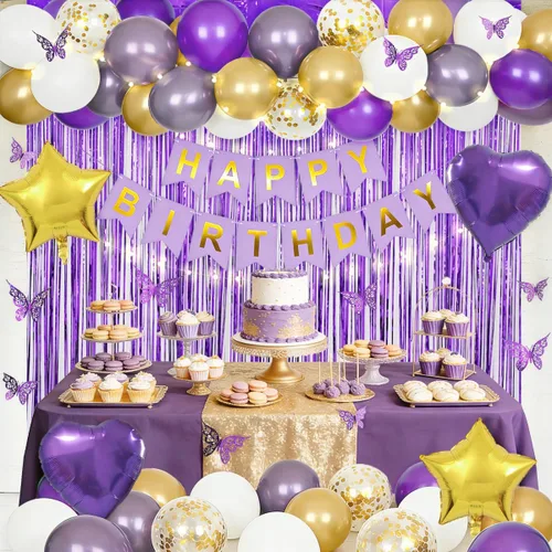 Vista 12 de Decoraciones de cumpleaños verde salvia con pancarta de feliz cumpleaños, cortinas, globos de corazón y estrella, decoración de mariposa y luz LED