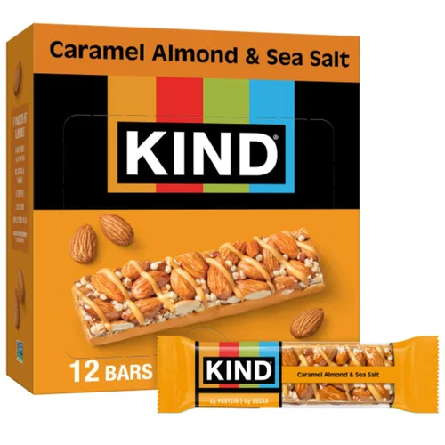 KIND Barras de nueces, almendras, caramelo y sal marina, aperitivos saludables, sin gluten, bajas en azúcar, 0.21 onzas de proteína, 12 unidades