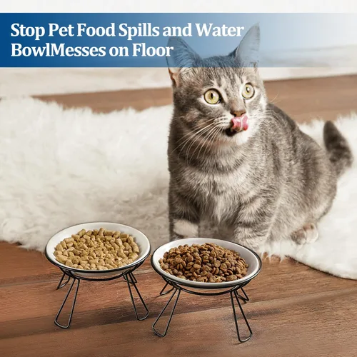 Vista 7 de Cuencos para gatos, cuenco elevado, plato de cerámica elevado con soporte de metal, estación de alimentación de agua o comida para mascotas
