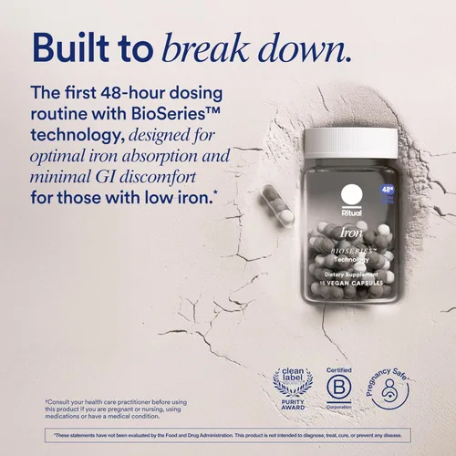 Vista 2 de Suplemento de hierro Ritual para apoyar niveles bajos de hierro 60 mg Rutina de dosificación de 48 horas con tecnología BioSeries™ más vitamina A