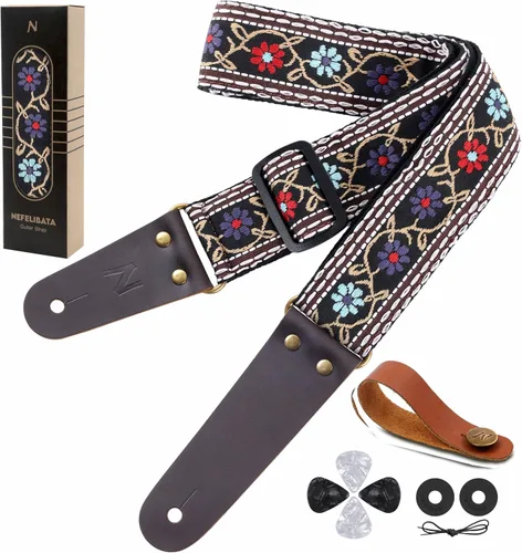 Vista 39 de Nefelibata Correa de guitarra, correas de guitarra de algodón bordadas con extremos de cuero de vaca para bajo, guitarras eléctricas y acústicas