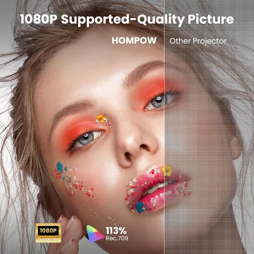 Vista 2 de HOMPOW Mini proyector con Bluetooth bidireccional, proyector portátil para uso de cine en casa, compatible con 1080P para interiores/exteriores