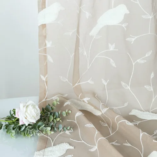 Vista 4 de VOGOL Cortinas de puerta con patrón de pájaros, cortina francesa semitransparente con bolsillo superior e inferior para barra con alzapaños, 25