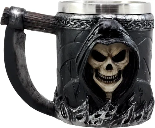 Vista 4 de Ebros Gift Taza de café con mango de guadaña para el Día de los Muertos, diseño de calavera de calavera y cerveza, 14 onzas