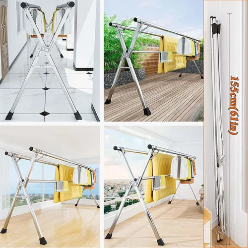 Vista 7 de This Foldable Laundry Drying Rack, Heavy Duty Stainless Steel Clothes Drying Rack, Length Adjustable Space Saving Garment Rack, with 20 Windproof