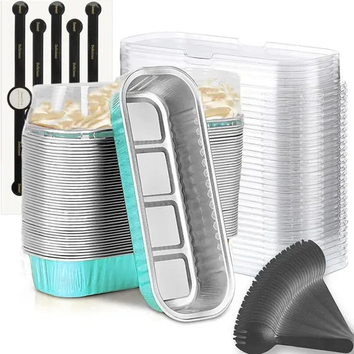 Vista 25 de Findful Mini Moldes para Hornear Pan con Tapas y Cucharas (Paquete de 50, 6.8oz) Moldes Rectangulares de Papel de Aluminio para Hornear Recipientes