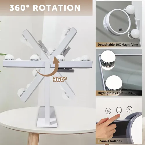 Vista 6 de SLIMOON Hollywood - Espejo de tocador con luces, 9 bombillas LED regulables, espejo de maquillaje iluminado con espejo de aumento desmontable