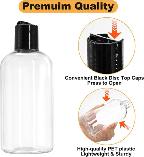 Vista 3 de Bekith Paquete de 16 botellas vacías de plástico transparente de 8 onzas con tapas superiores de disco, recipientes de viaje recargables