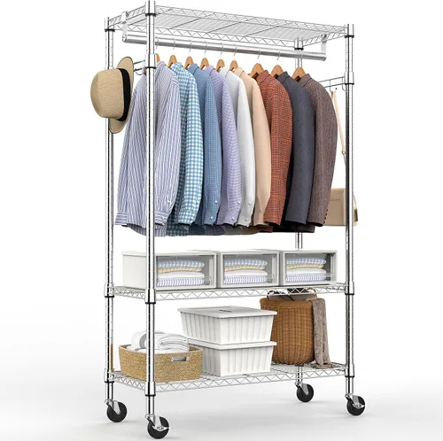 Vista 23 de M MZG Perchero resistente con ruedas de 3 niveles de alambre ajustable con 3 varillas y ganchos laterales, estante de ropa para armario, color Negro