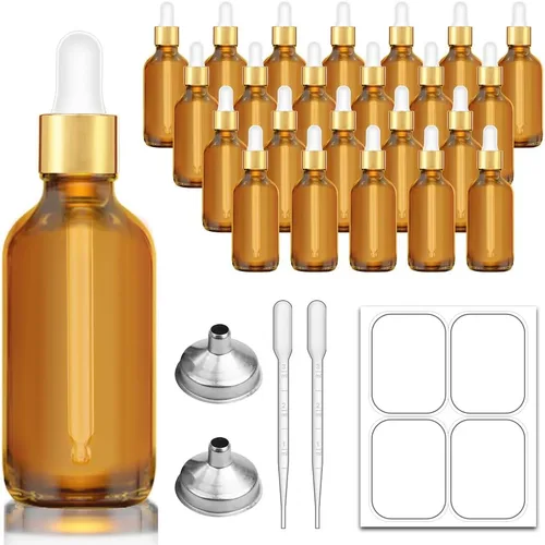 Bumobum Botella cuentagotas de 2 onzas, botellas de cristal ámbar con tapa superior dorada para aceites esenciales, paquete de 24 botellas de