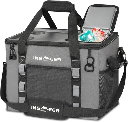 Vista 9 de INSMEER Soft Cooler Bag with Hard Shell & 2 Cup Holders, Portable 40L/70 Cans Collapsible Cooler Bags Insulated with Leakproof for Travel, ice