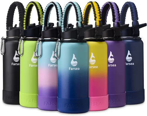 Vista 13 de Botella de agua Farsea aislada con asa de paracord, protector y 2 tapas (tapa de pajita y tapa de boquilla), de acero inoxidable, boca ancha, doble