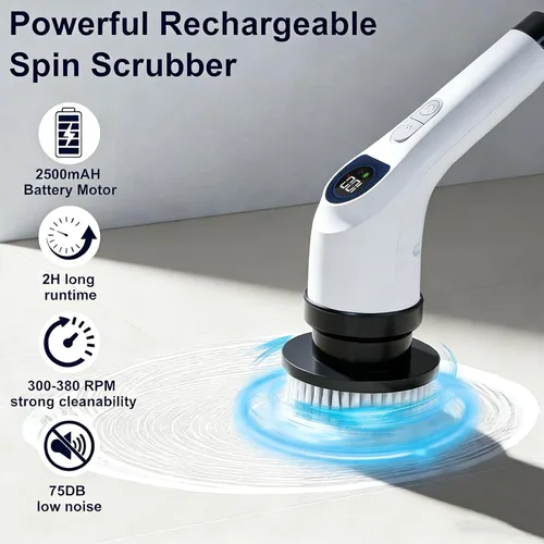 Vista 10 de Cleanninja Cepillo Eléctrico Giratorio para Limpieza - Cepillo de Ducha con Mango Largo y 7 Cabezales Reemplazables - Cepillo de Ducha Inalámbrico