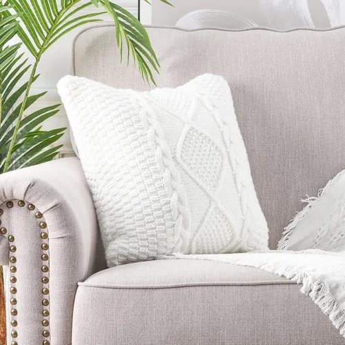 Vista 2 de MANDIOO Fundas de almohada decorativas de algodón de punto blanco, suaves y acogedoras, fundas de cojín modernas de lujo para sofá, cama, 20 x 20