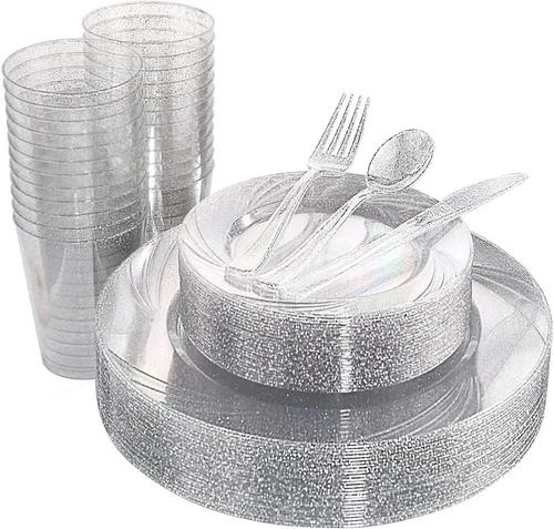 Vista 13 de WDF 25 platos azules para invitados con cubiertos desechables y vasos azules, vajilla de plástico transparente neón incluye 25 platos de cena