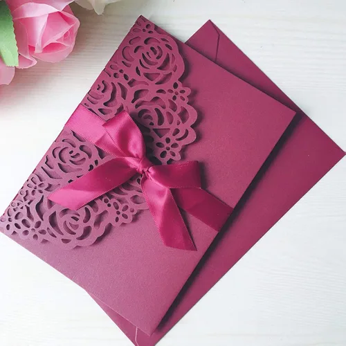 Vista 5 de 20 tarjetas de invitaciones de boda de flora cortadas con láser triples de 5.1 x 7.1 pulgadas con sobres y cintas para boda, despedida de soltera