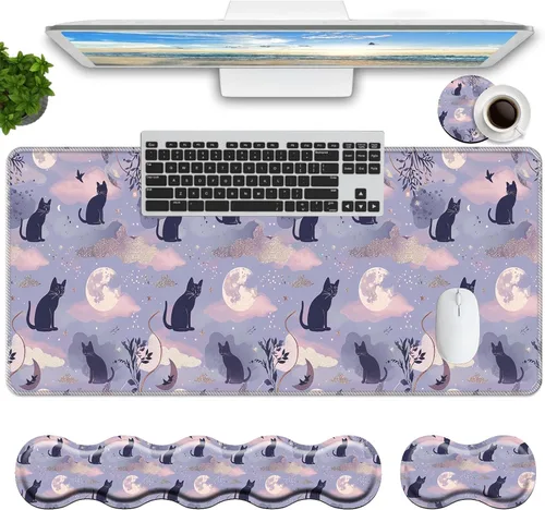 Vista 11 de Juego de alfombrillas de mouse para teclado, alfombrilla grande para mouse + reposamuñecas para teclado, soporte de muñeca + portavasos, alfombrilla