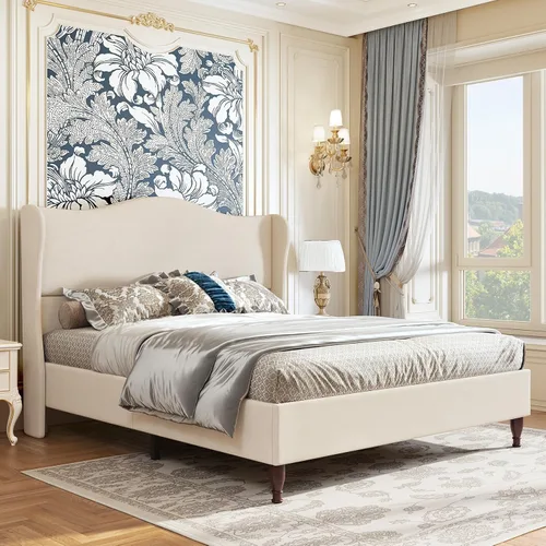 Vista 3 de koorlian Marco de Cama Tamaño Queen Cama Plataforma Tapizada con Cabecera Alta de 51" con Respaldo Alado, Tela Suave, Cama Plataforma