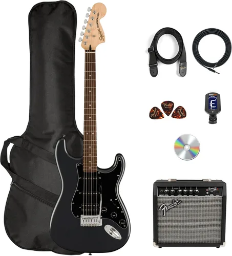 Fender Squier Affinity Stratocaster HSS - Paquete Charcoal Frost Metallic con amplificador Frontman 10G, cable, funda, correa, púas, lecciones en