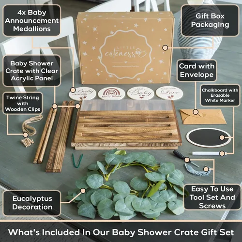 Vista 2 de Armario de madera para baby shower con parte delantera de acrílico transparente, caja de madera personalizable con sistema de doble varilla, cestas