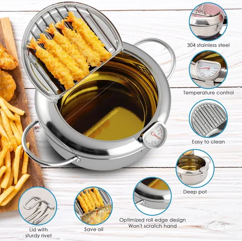 Vista 2 de Houseables Mini freidora, olla japonesa, olla freidora con parte superior de la estufa, olla con canasta, con tapa, medidor de temperatura, estante