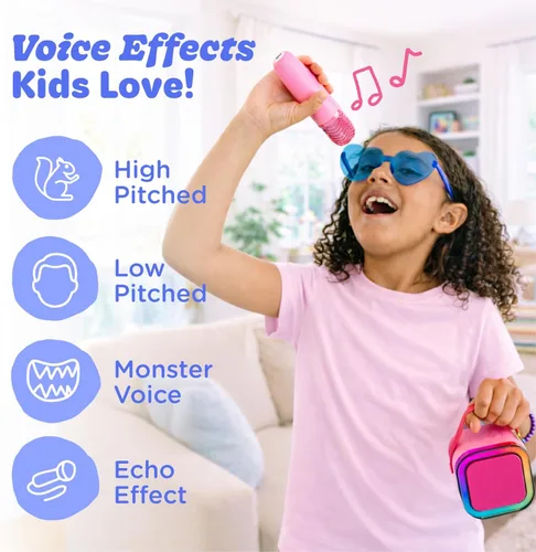 Vista 6 de Move2Play, Mini máquina de karaoke para niños Más de 20 canciones integradas Altavoz Bluetooth con micrófonos Efectos de voz Juguete musical