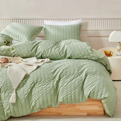Vista 18 de WARMDERN - Juego de funda de edredón tamaño Queen, juego de ropa de cama de 3 piezas de microfibra lavada color beige, funda de edredón con textura