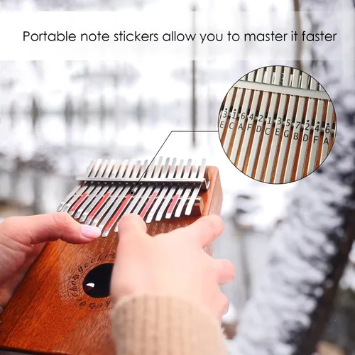 Vista 5 de GECKO Kalimba de pulgar de 17 teclas con caja protectora impermeable, martillo de afinación e instrucciones de estudio, piano de dedo portátil Mbira