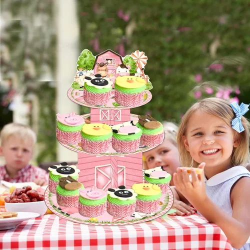 Vista 6 de Soporte para cupcakes de animales de granja rosa de 3 niveles para fiesta de cumpleaños de granja, torre de granero, fiesta, soporte para decoración