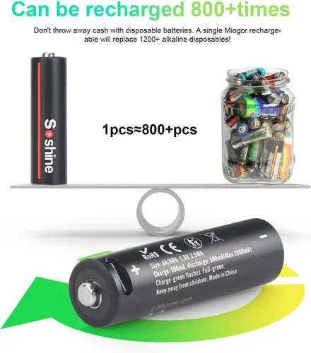Vista 3 de Soshine Baterías recargables AA de litio – Batería AA USB C de 1.5 V 3500 mWh que carga 2 horas, con cable de carga USB-C 4 en 1, paquete de 4