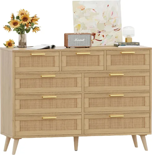 Vista 47 de Rovaurx Cómoda doble de 6 cajones para dormitorio, cómoda de ratán, cómoda de madera moderna con asas doradas, mesa auxiliar para armario, sala