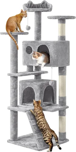Vista 24 de Yaheetech Torre de árbol para gatos de 54 pulgadas, árbol de varios niveles para gatos de interior con postes rascadores, bolas colgantes, casa