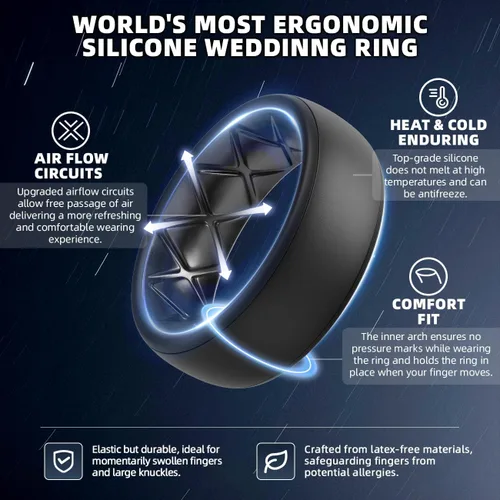 Vista 2 de Egnaro Anillos de boda de silicona para hombre: 1/4/6/7 Multipack de anillos de boda de goma con arco interior Diseño ergonómico transpirable