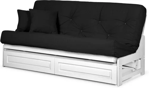 Vista 18 de Juego de futón Nirvana Futons Arden blanco, completo o queen, marco de futón de madera sin brazos con colchón incluido, cómodo, ahorro de espacio