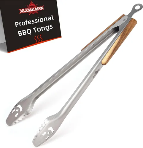 Vista 10 de XUDAKAIXIN Pinzas para barbacoa de acero inoxidable de 18 pulgadas de largo con mango de acacia de lujo extendido, herramienta de parrilla duradera