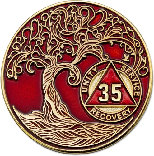 Vista 65 de 1 año Sobriety Mint Twisted Tree of Life Medallón de recuperación AA chapado en oro, chip/ficha - negro