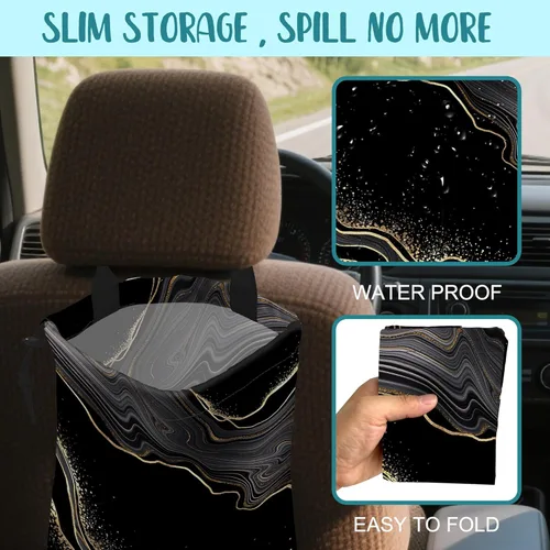 Vista 2 de Bolsa de basura para automóvil, diseño abstracto de mármol dorado con cordón ajustable, bolsa de basura para colgar para asiento trasero con hebilla